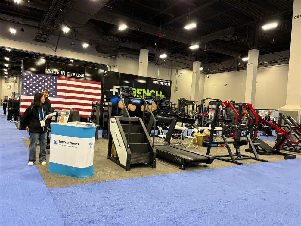 Close-up of the new commercial treadmill model displayed at IHRSA 2025