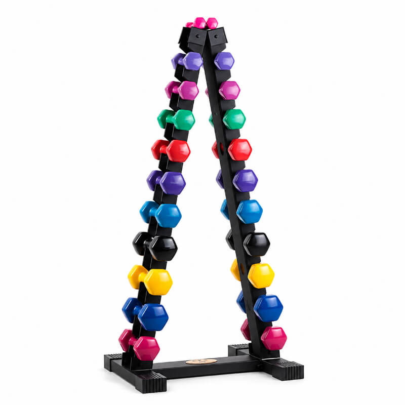 TZ-3004A vinyl dumbbell rack storing multiple pairs of lightweight dumbbells